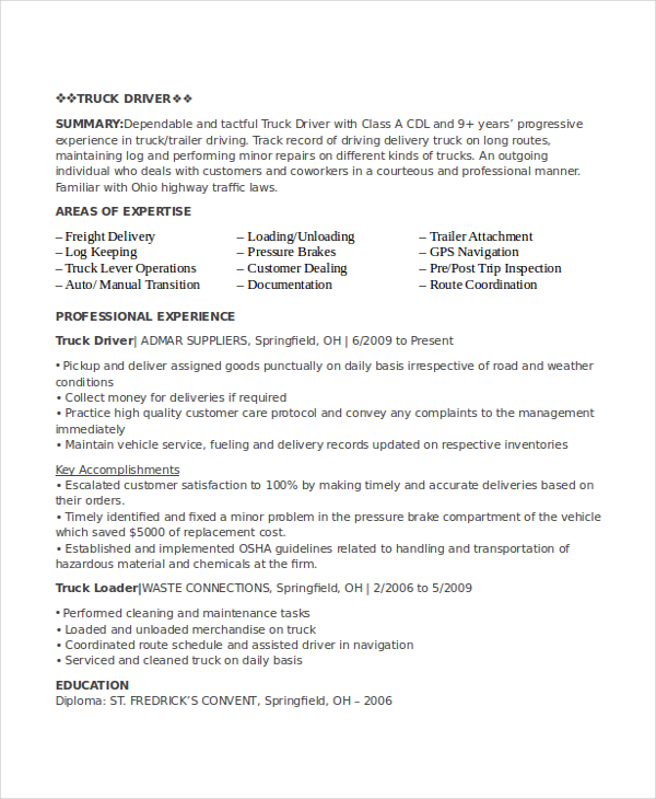driver cv format word